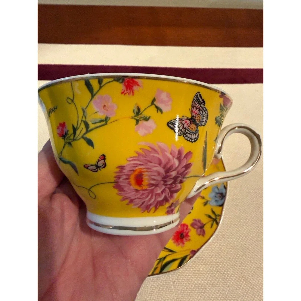 Grace’s Teaware Yellow Floral Teacup and Saucer Set Gold Trim